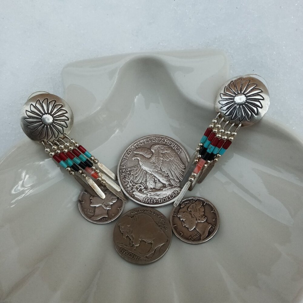Southwest Sterling Concho Dangle Earrings